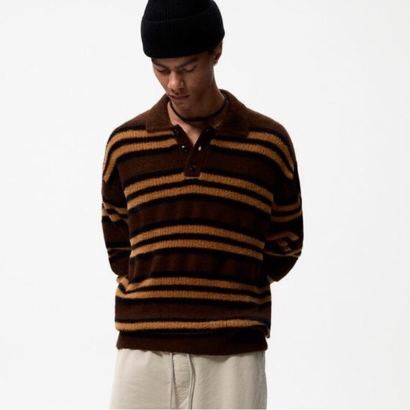 Zara soft striped knitted polo shirt mocha color NWT men’s sz large - Picture 1 of 2
